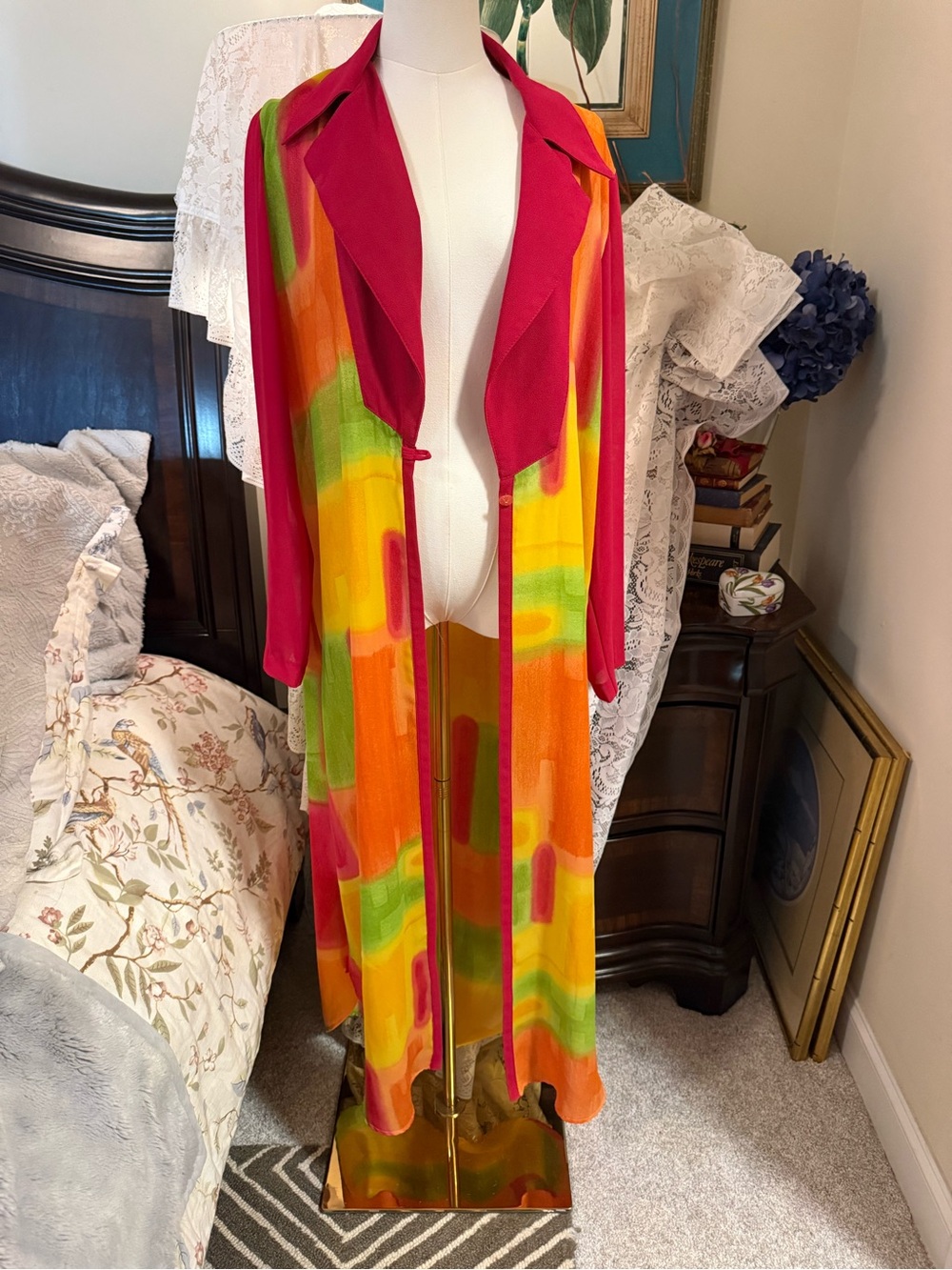 Vintage Multicolor Sheer Lightweight Trench Coat with Magenta Collar
